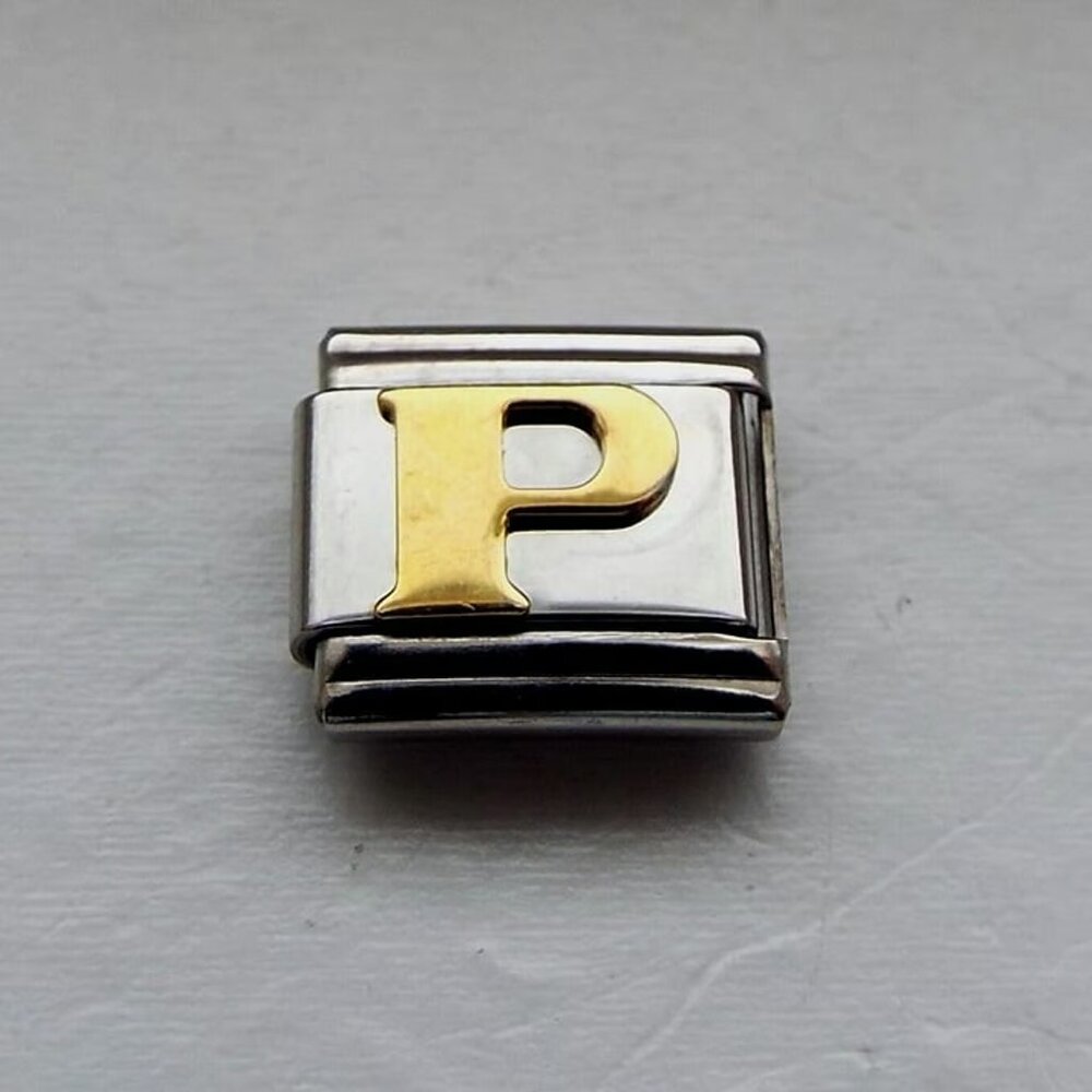 Raised gold metal letter P 9mm stainless steel italian charm bracelet link new